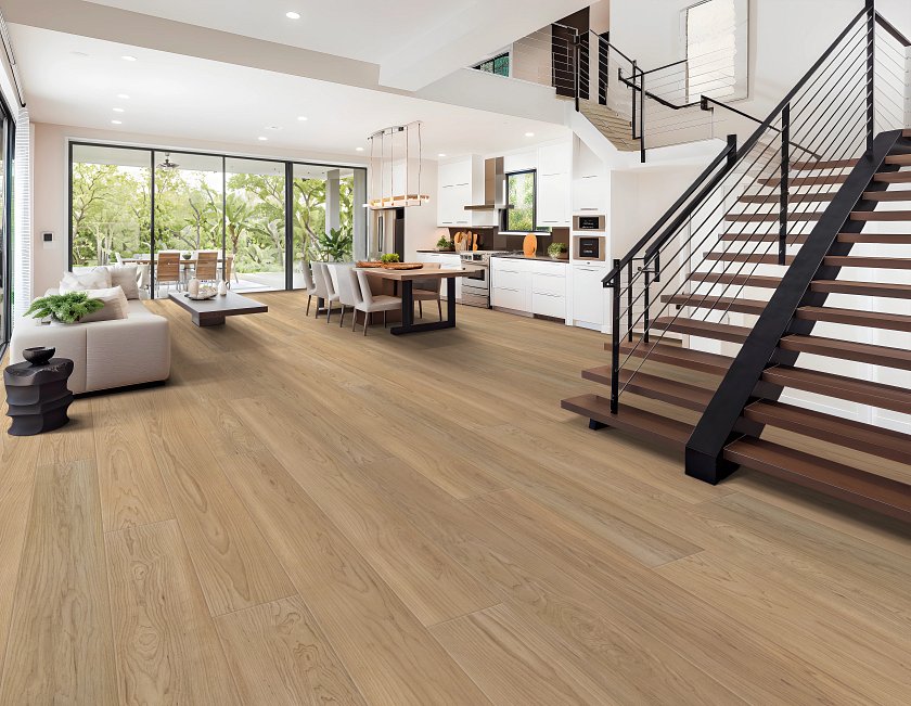 COREtec CR506 Coastal Luxe luxury vinyl plank flooring in modern living room espresso mist maple