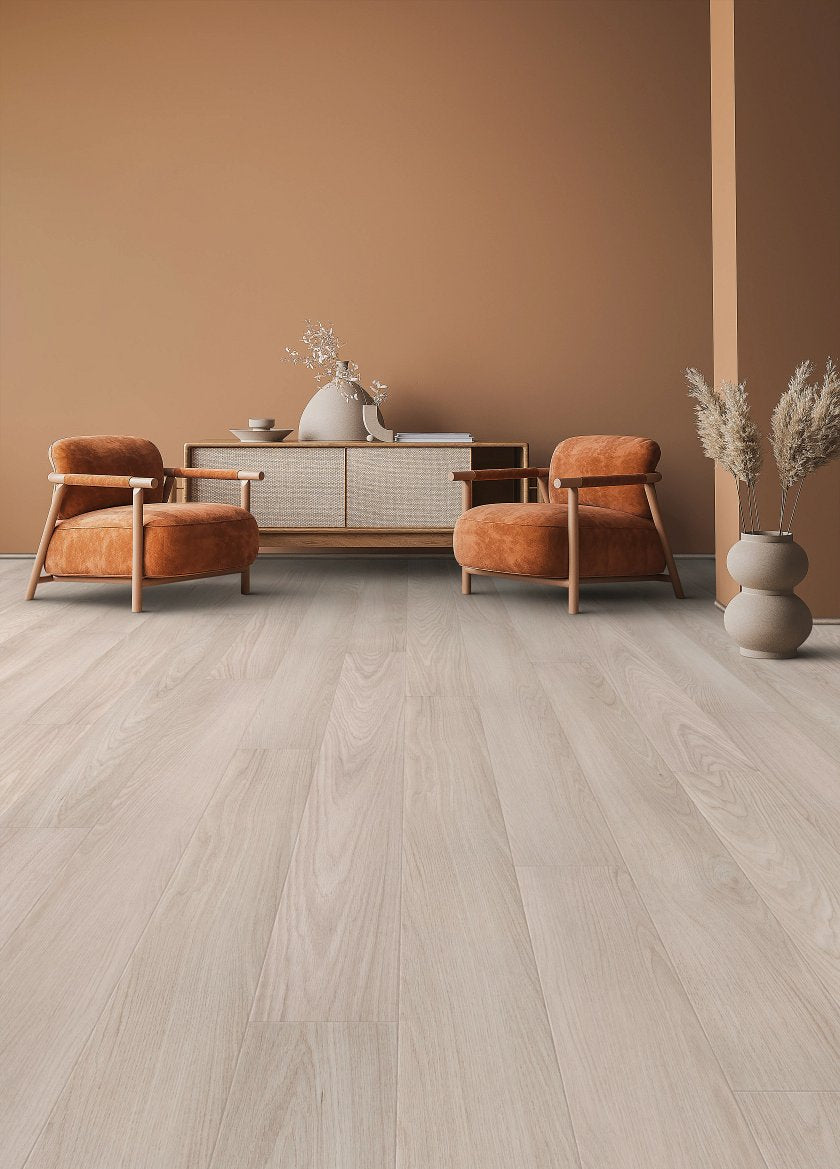COREtec Lakehouse Luxe CR507 Harvest Haze Oak waterproof wide plank luxury vinyl flooring installed in modern lakehouse living room
