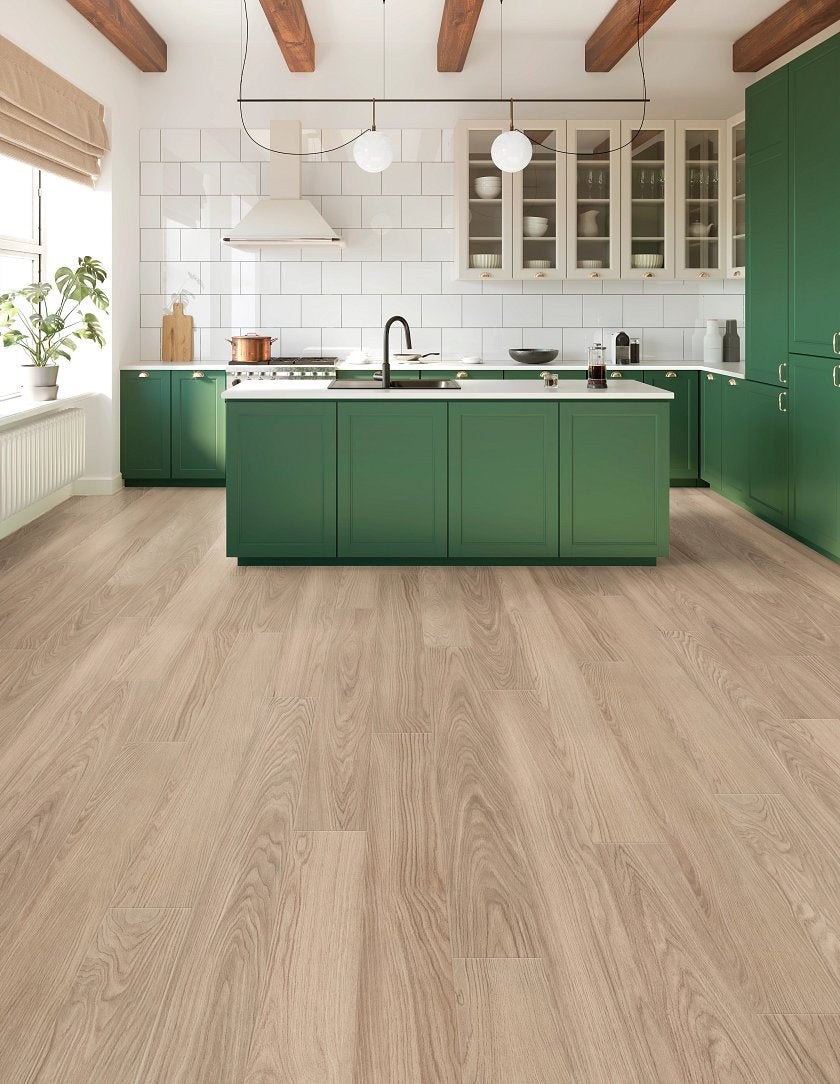 COREtec Lakehouse Luxe CR507 Pearlwood Walnut waterproof wide plank luxury vinyl flooring installed in modern lakehouse kitchen