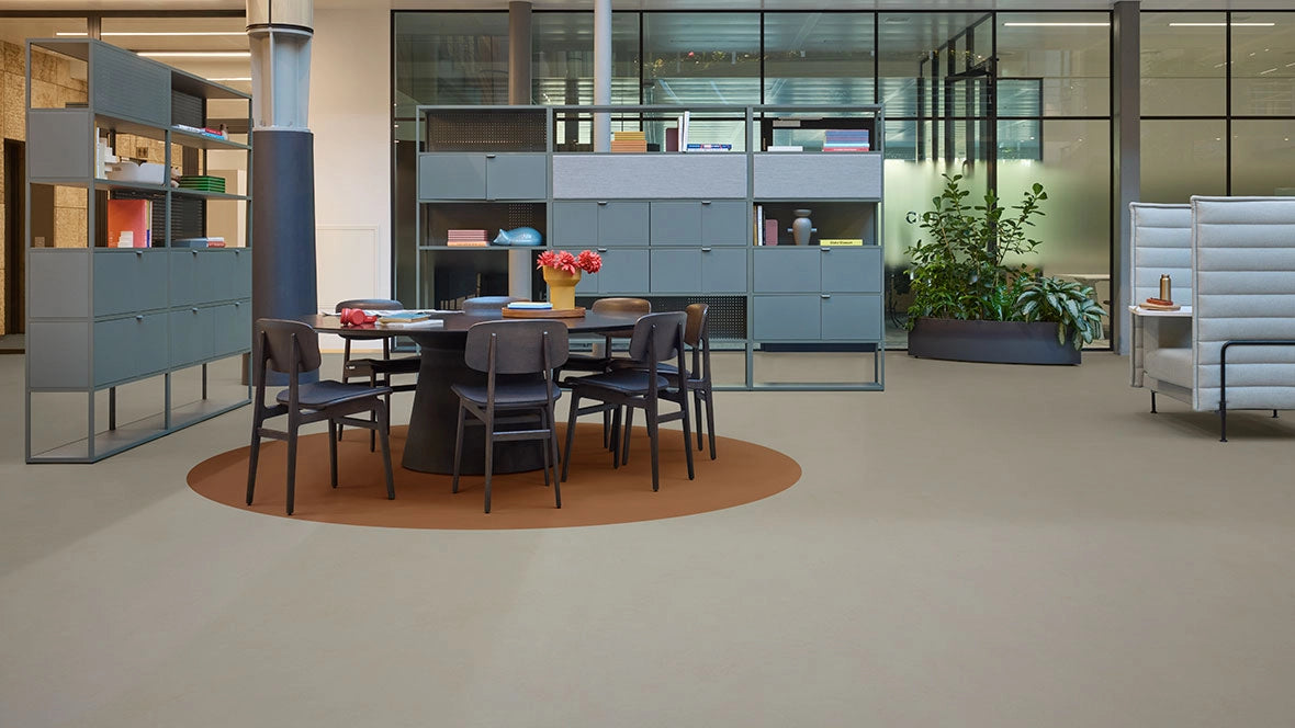 Marmoleum Decibel Beton 370635 and Terracotta 337035 acoustic linoleum room scene