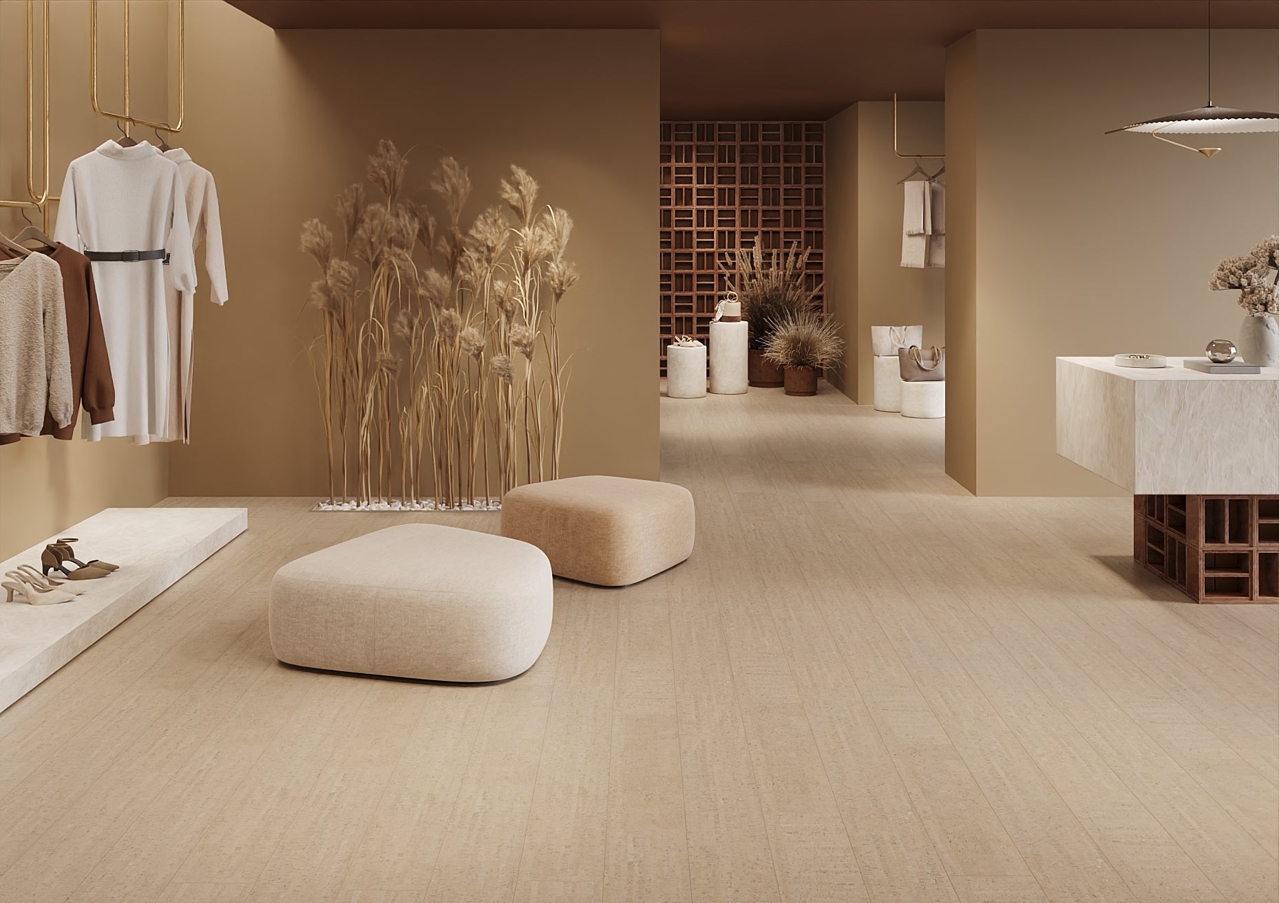 Wicanders Cork GO Fashionable Cement installed in industrial-loft style showroom
