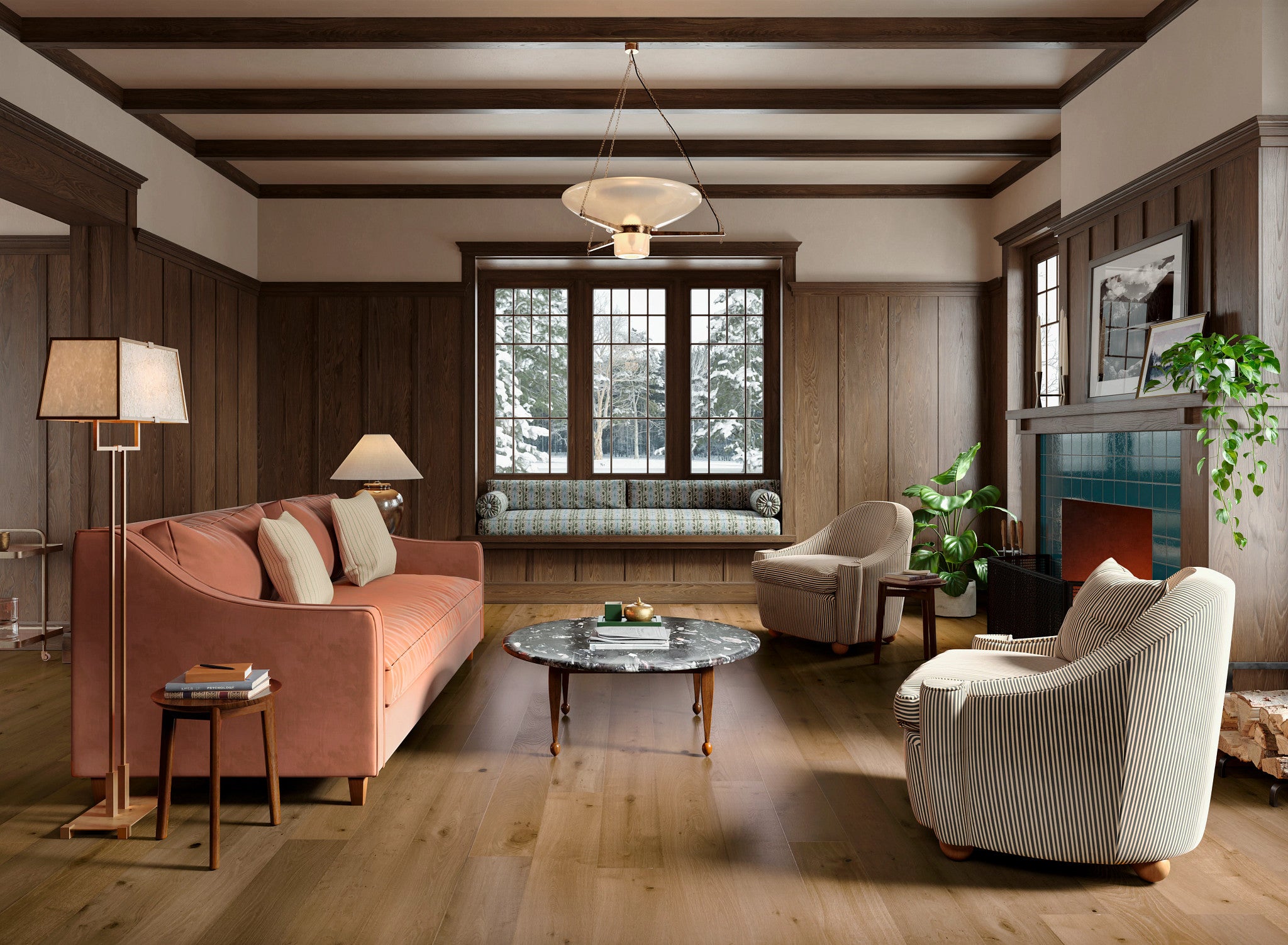 Anderson Tuftex Heritage Oak Hearth engineered white oak hardwood installed in a room setting