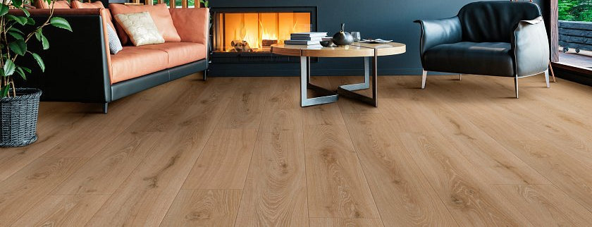 COREtec CR504 Retro Revival Mocha Field Oak installed in a bright, light-walled open-concept living area - September sale banner