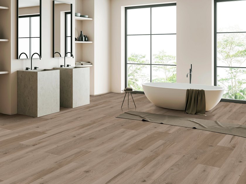 COREtec CR504 Retro Revival Smoky Linen Oak installed in modern open-concept living room