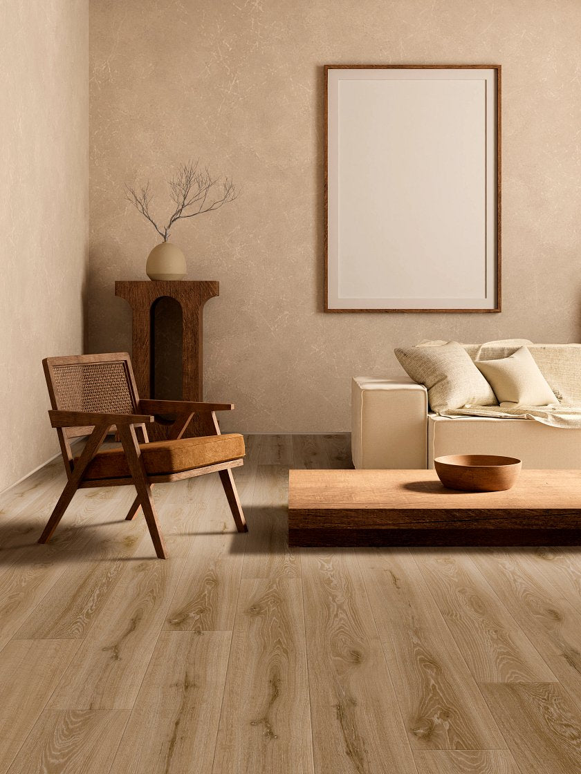 COREtec CR504 Retro Revival Truffle Brown Oak installed in traditional living room interior