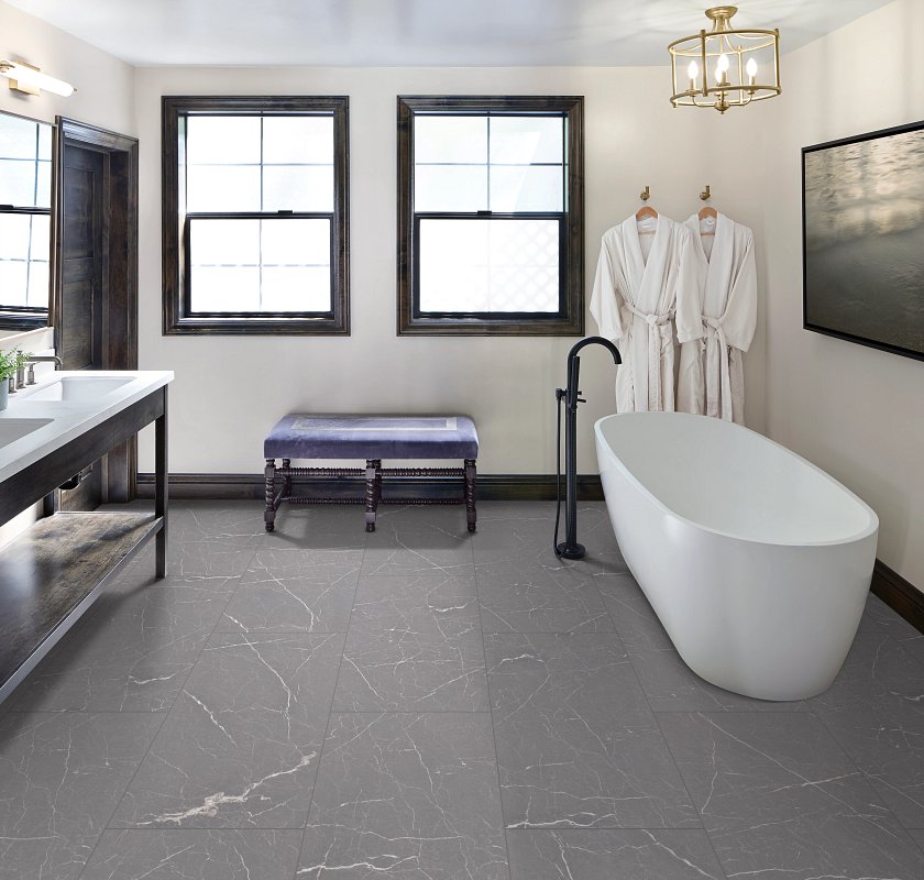 COREtec Natural Opula Bronzeite Marble installed in luxury primary bathroom with warm bronze marble aesthetic