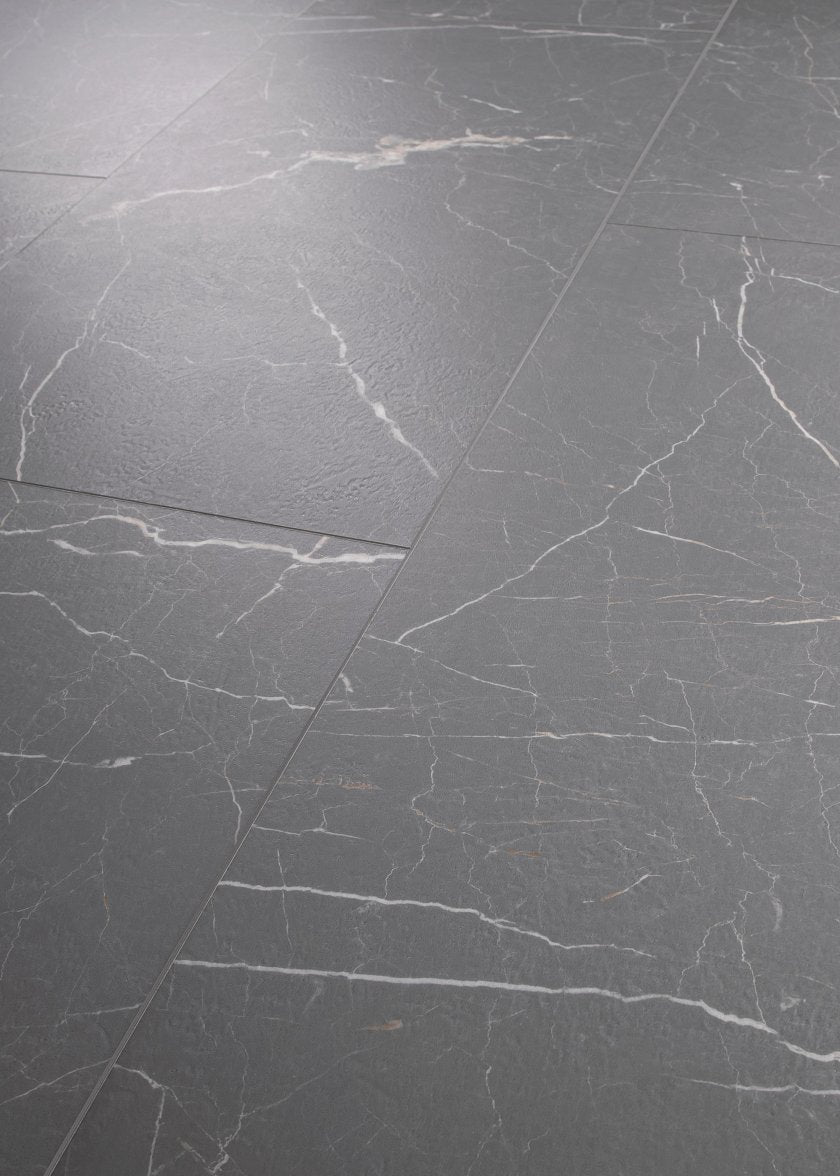 COREtec CRT01 Natural Opula Graphite Travertine 18" x 36" waterproof vinyl tile, dark charcoal gray with white veining