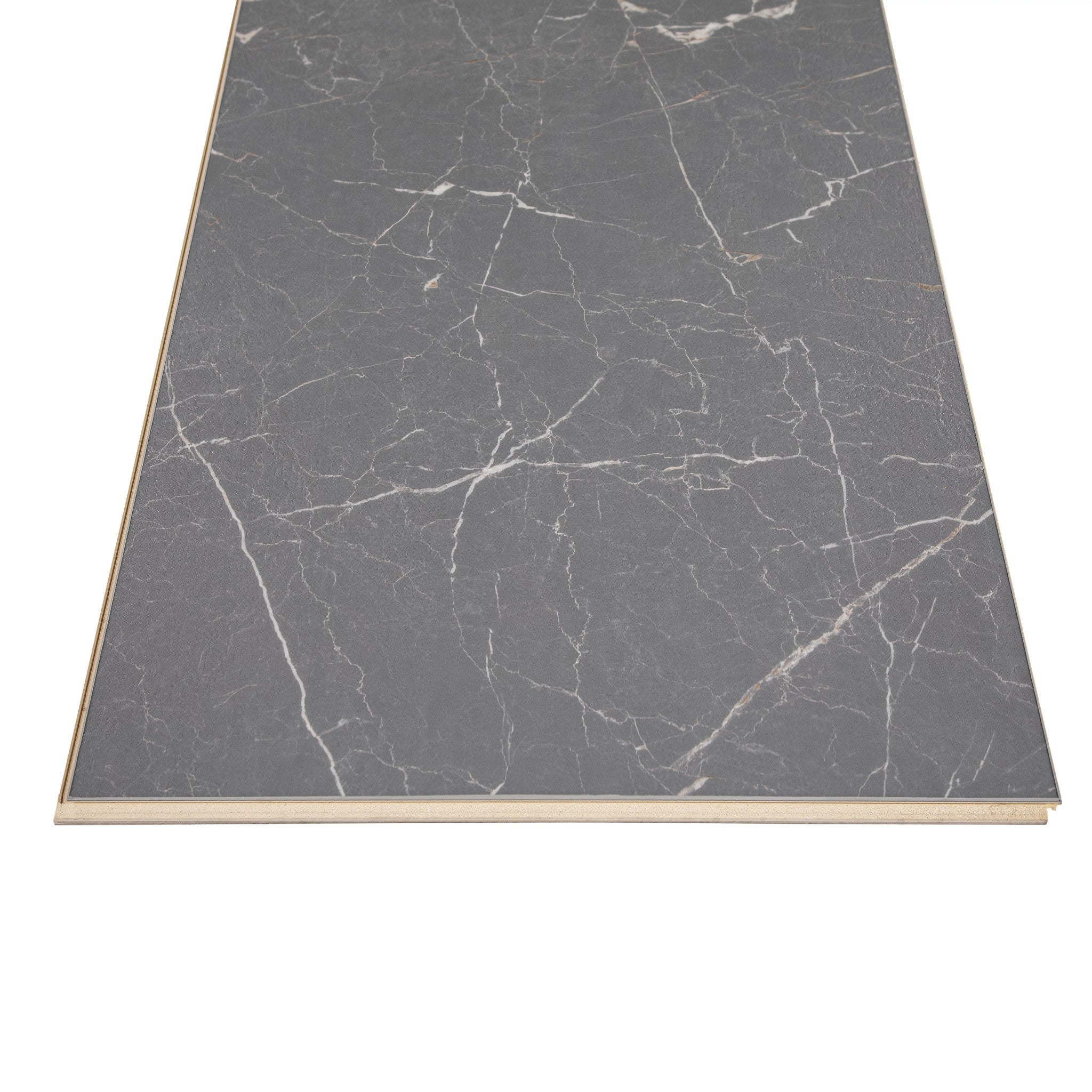 COREtec CRT01 Natural Opula Graphite Travertine single tile showing the integrated grout edge