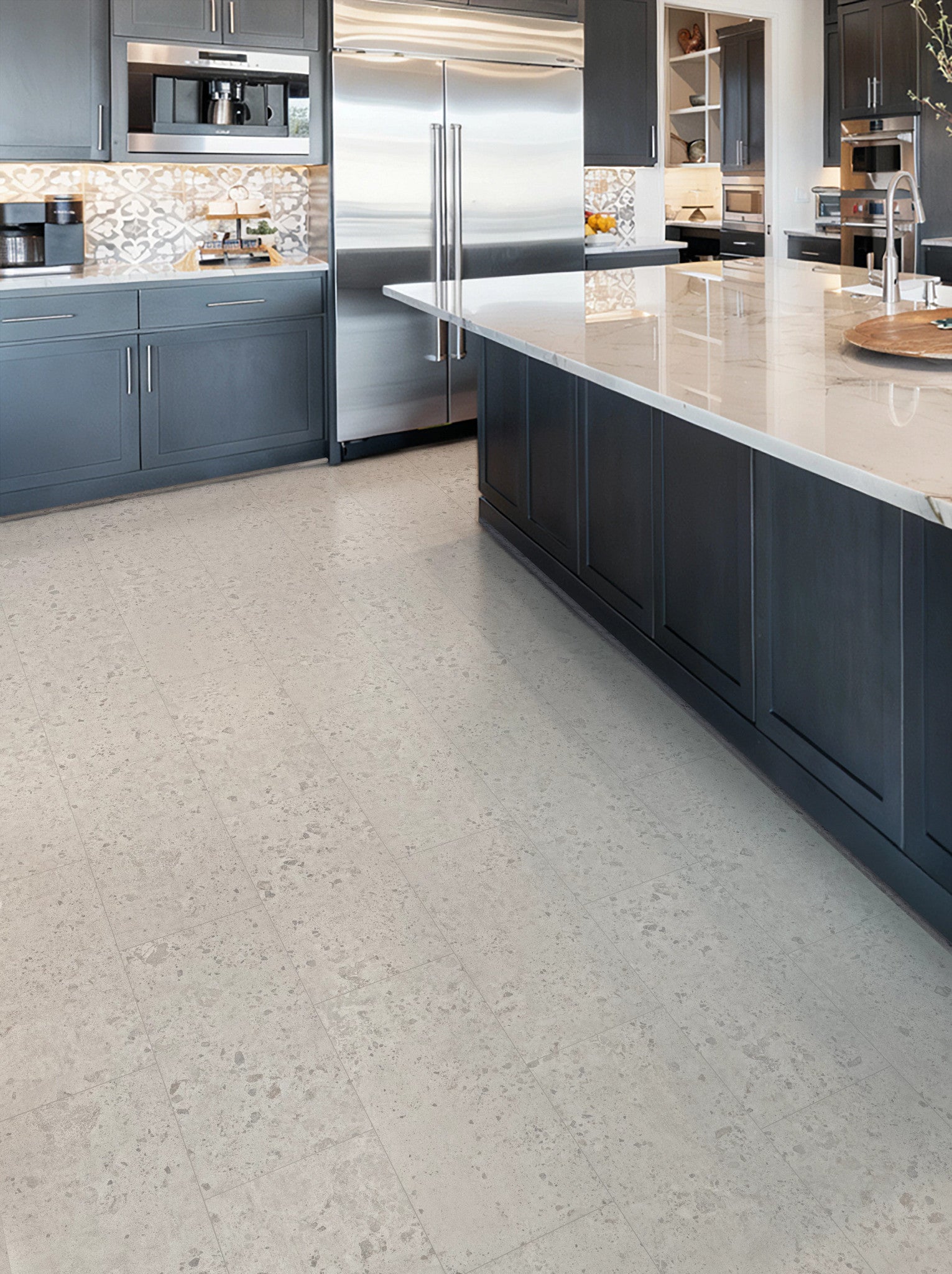 COREtec CRT02 Balanced Retreat Morning Fog Terrazzo waterproof luxury vinyl tile installed in a room setting