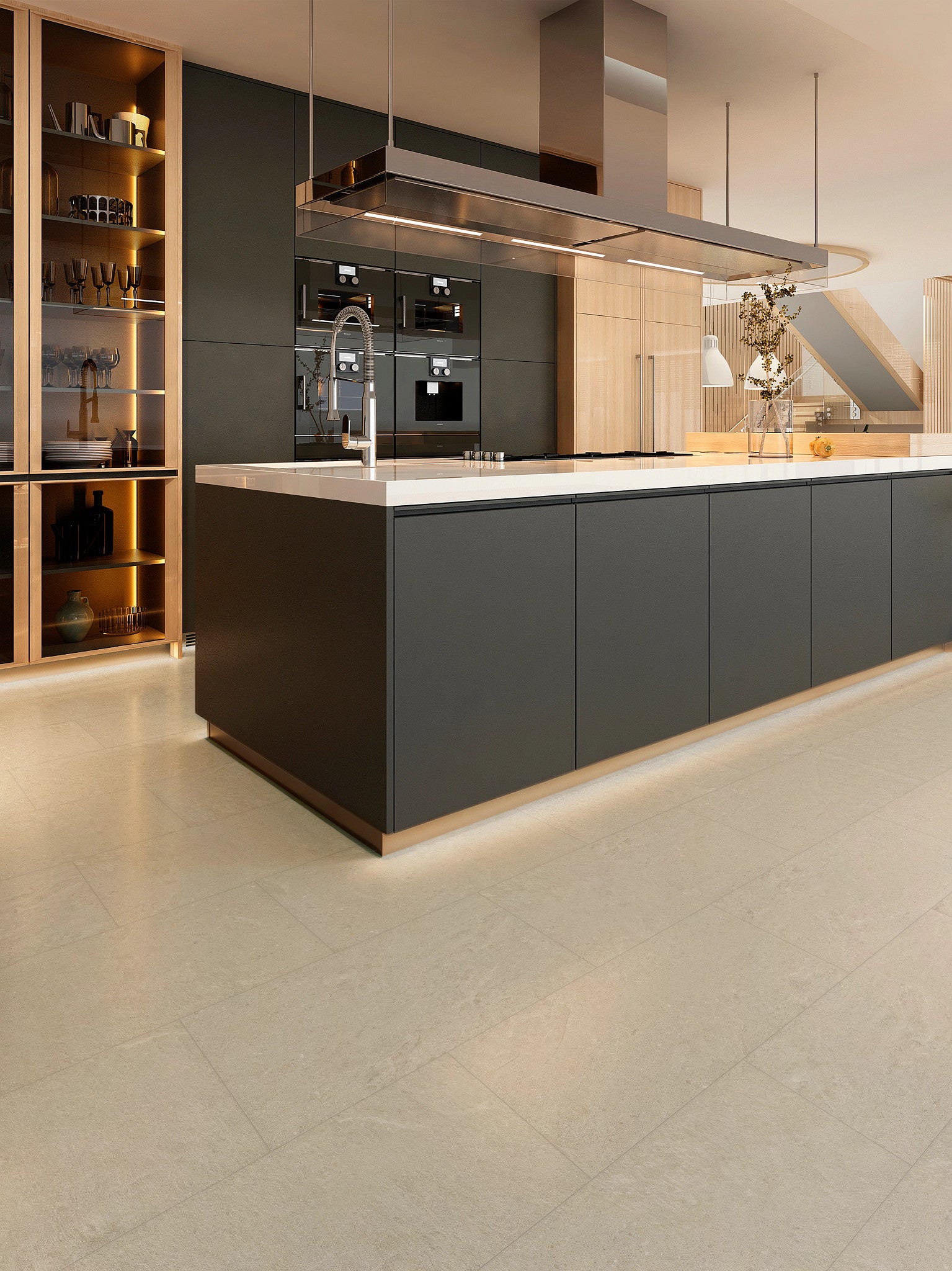 COREtec CRT02 Balanced Retreat Soft Umber Concrete waterproof luxury vinyl tile installed in a room setting