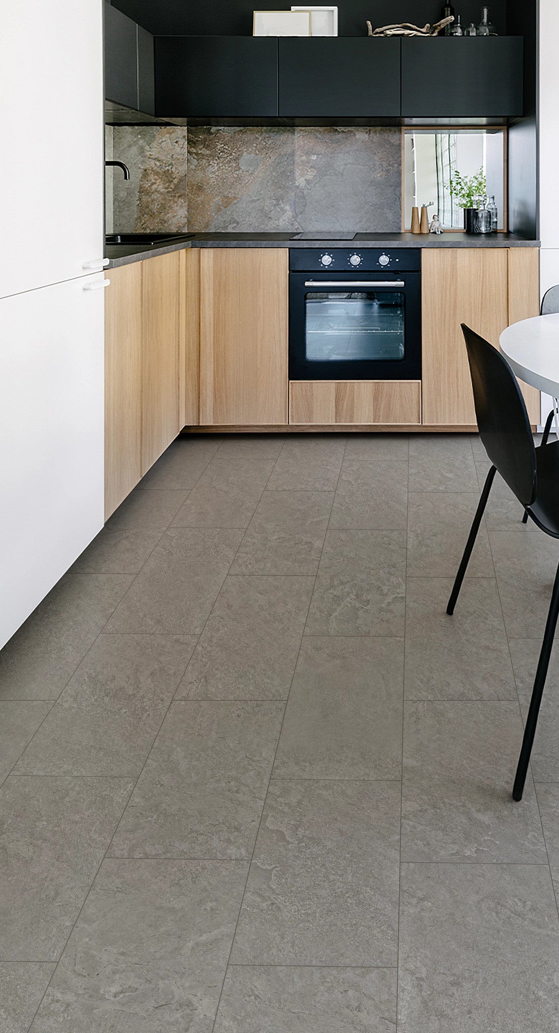 COREtec CRT02 Balanced Retreat Mineral Gray Slate waterproof luxury vinyl tile installed in a room setting