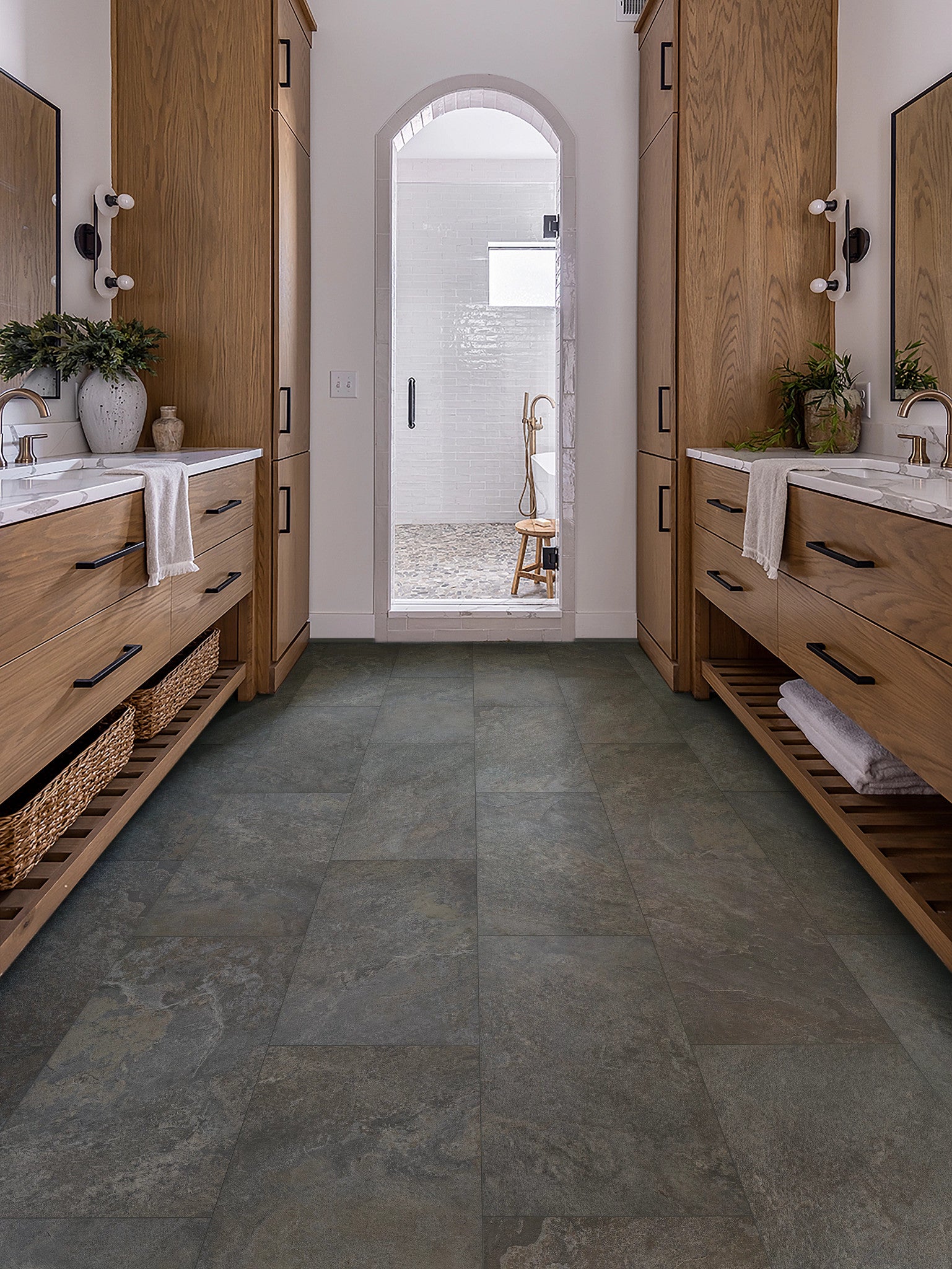 COREtec CRT02 Balanced Retreat Eclipse Slate waterproof luxury vinyl tile installed in a room setting
