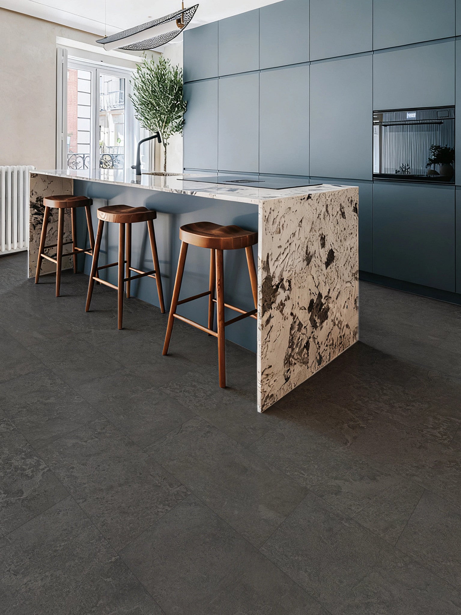 COREtec CRT02 Balanced Retreat Nightfall Slate waterproof luxury vinyl tile installed in a room setting