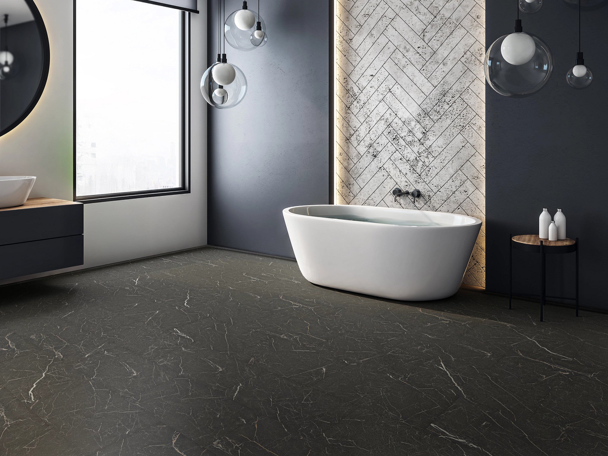 COREtec CRT02 Balanced Retreat Cosmic Noir Marble waterproof luxury vinyl tile installed in a room setting