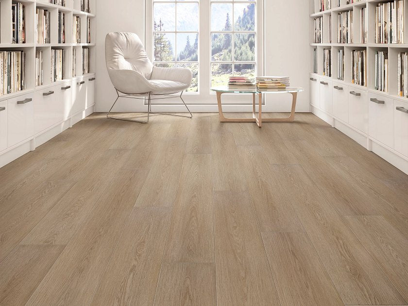 Shaw Aspire Natural Bevel Nomadic Brown installed in warm transitional living room