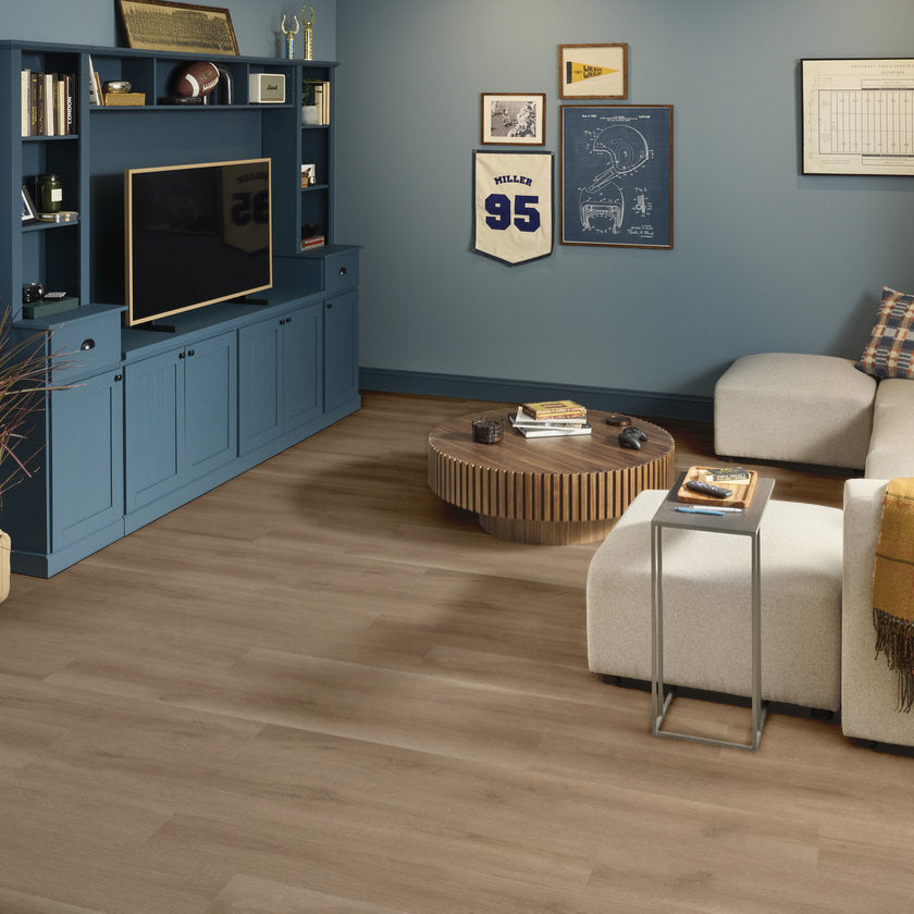 Shaw Aspire Natural Bevel Woodland Truffle installed in dramatic dark luxury living room