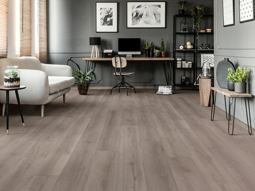 Shaw Aspire Natural Bevel Summit Grey installed in bright modern living room with white walls