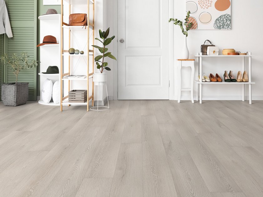 Shaw Pro Starting Line Moonstone Grey installed in bright modern living room with white walls