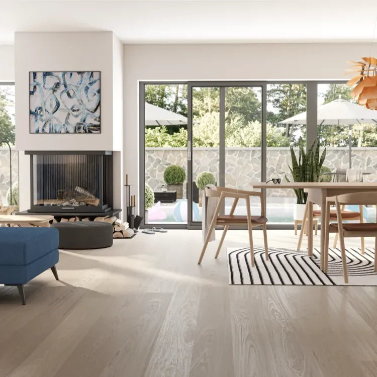 Bjelin Oak Select XL Misty White Oak flooring installed in a room